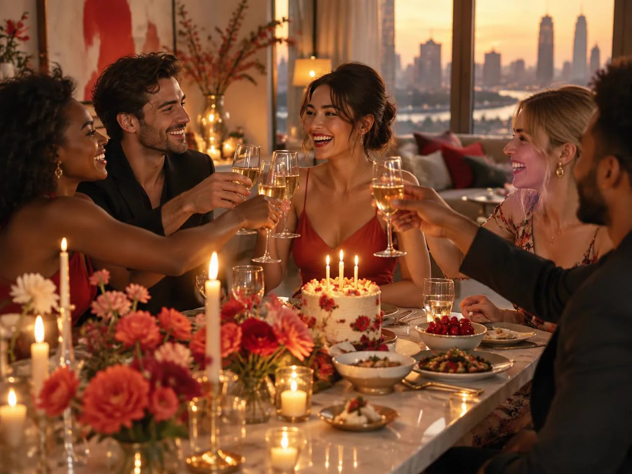 Friends raising a toast at a birthday dinner